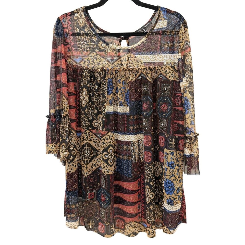 Zoey & Leelo Womens 2X Boho Patchwork Print Sheer Overlay Blouse Lightweight